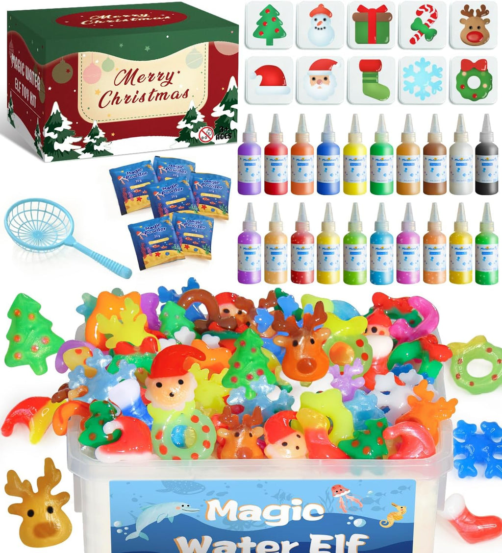 MINISENTIALS Magic Water Elf Toy Kit - Aqua Elves Gel Kit - Christmas Theme 20 Colors Fairy Gel 10 Molds Squishy Maker - Party Favor Birthday Art DIY STEM Gifts for Kids