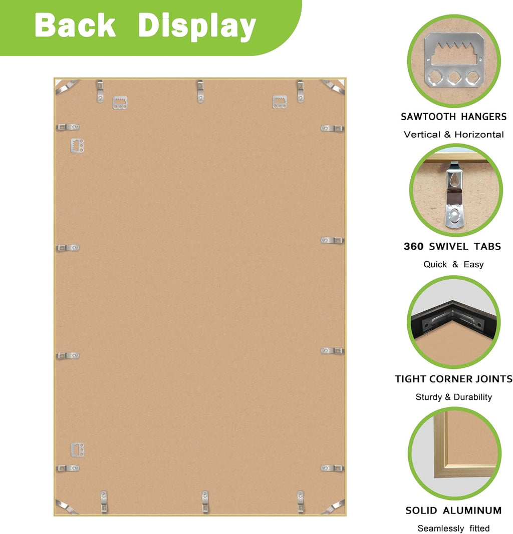 FrameWorks 24x36 Brushed Aluminum Poster Frames – Modern Brushed Metal Design w/Shatterproof Plexiglass, Perfect for Posters, Artwork, Paintings, Wall Displays – Home or Office Decor, Gold - 1 Pack