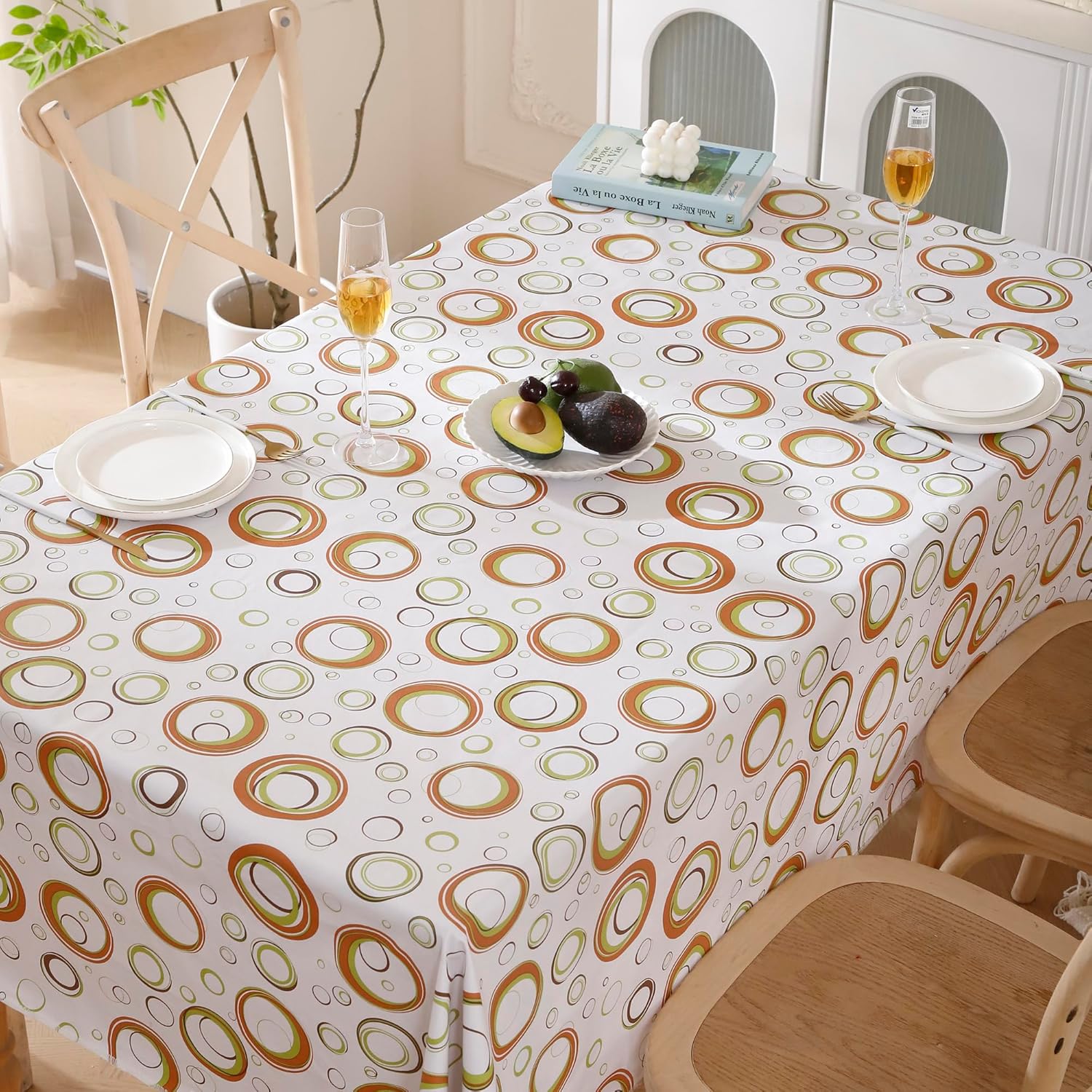Walrus Heavy Duty Vinyl Tablecloth with Flannel Backing Waterproof Oil-Proof Plastic Table Cloth Stain-Resistant Wipeable Rectangle or Square Table Cover for Indoor and Outdoor (Circle，60x102 Inch)