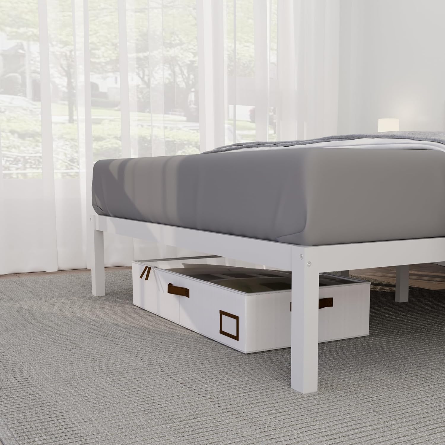 14 Inch Bamboo Bed Frame – Solid Wood Platform Bed Frame, Strong and Stable, with Non-Slip Slats for Support, No Box Spring Needed, Easy to Assemble, Noise-Free (White, Twin)