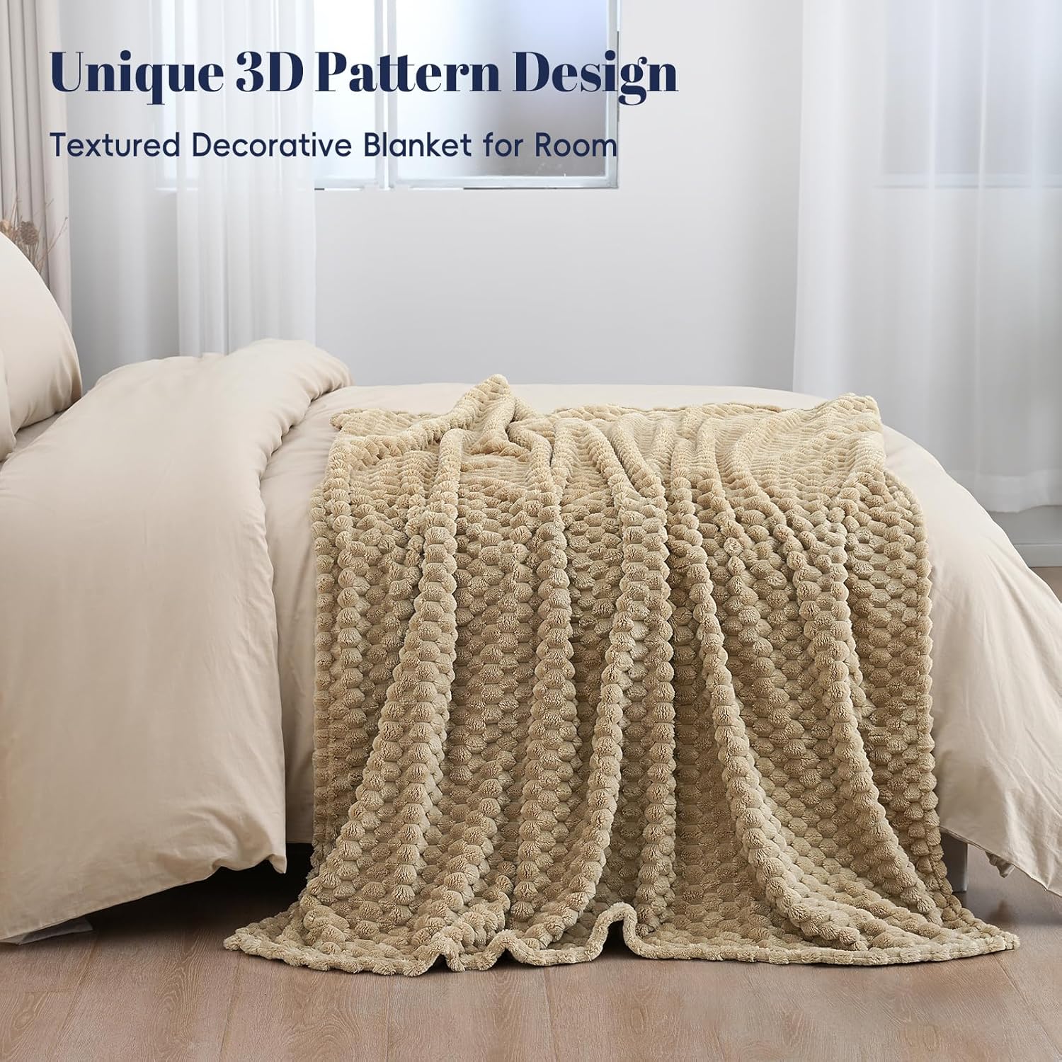 PHF Ultra Soft Flannel Fleece Throw Blanket, Lightweight 3D Jacquard Fleece Blanket, No Shedding, No Pilling, Luxury 340GSM Fluffy Cozy Throws for Couch Room Decor, 50"x60", Khaki
