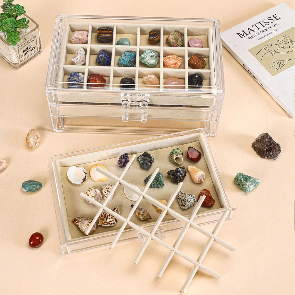 Acrylic Rock Collection Display Case with 54 Grids Storage Compartments Rock Collection Boxes Display Organizer Collection Storage Display Cases for Collectibles Crystal /Rock（Beige）
