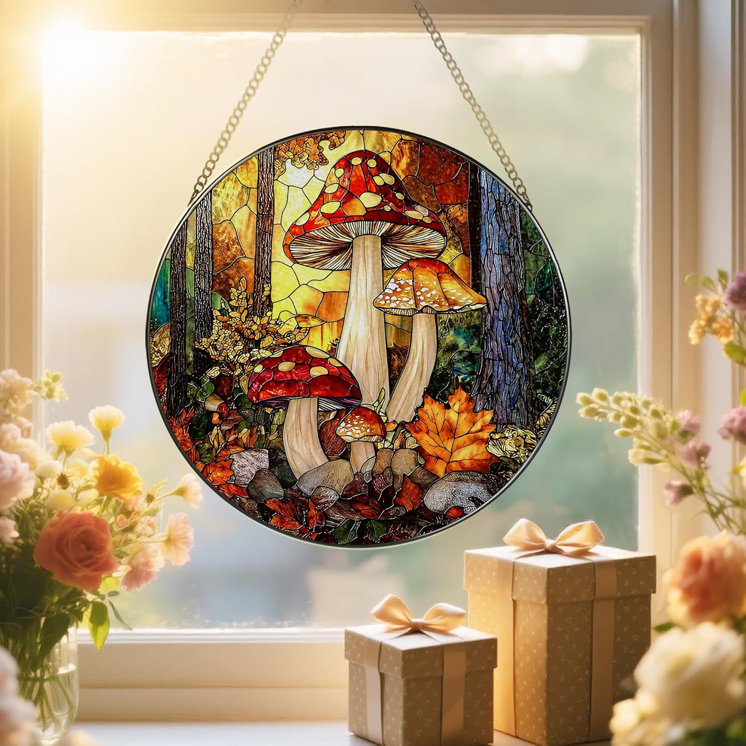 8-Inch Mushroom Suncatcher Ornament: Stained Glass Window Hanging & Decor, Sun Catchers Indoor Window — Gifts for Christmas & Holidays, Ideal Gifts for Nature and Mushroom Lovers, Gift Idea