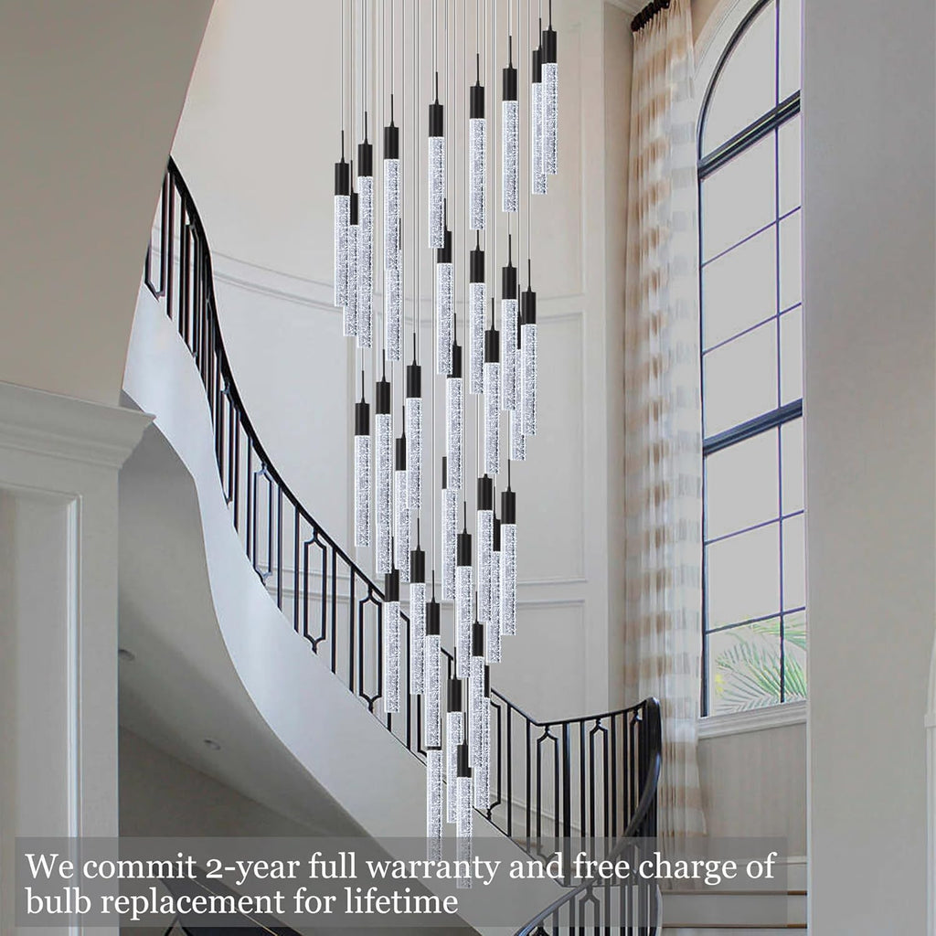 Modern High Ceiling Crystal Foyer Chandelier 36-Lights, H197'' Black Large Spiral LED Bubble Raindrop Lighting Fixture for Staircase Entryway Living Room
