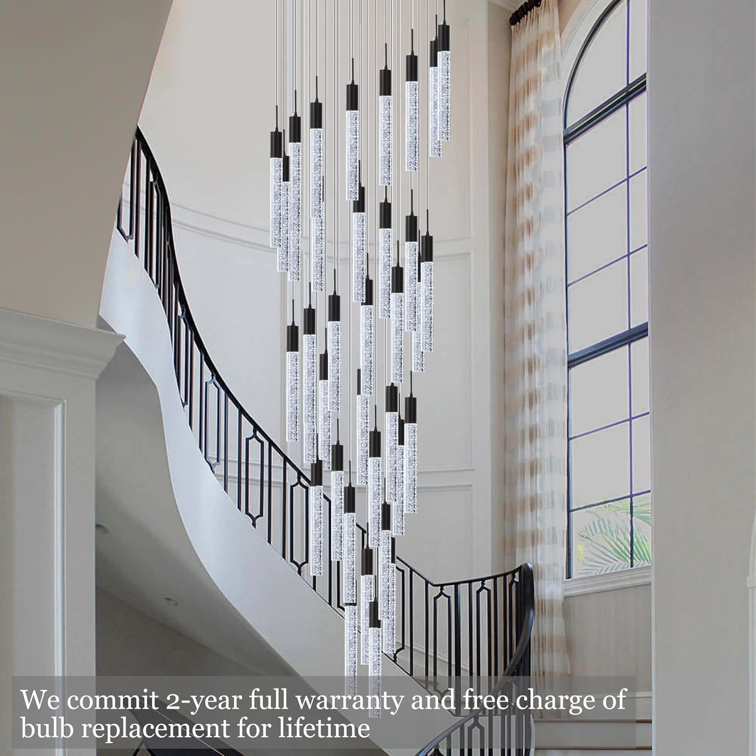 Modern High Ceiling Crystal Foyer Chandelier 36-Lights, H197'' Black Large Spiral LED Bubble Raindrop Lighting Fixture for Staircase Entryway Living Room