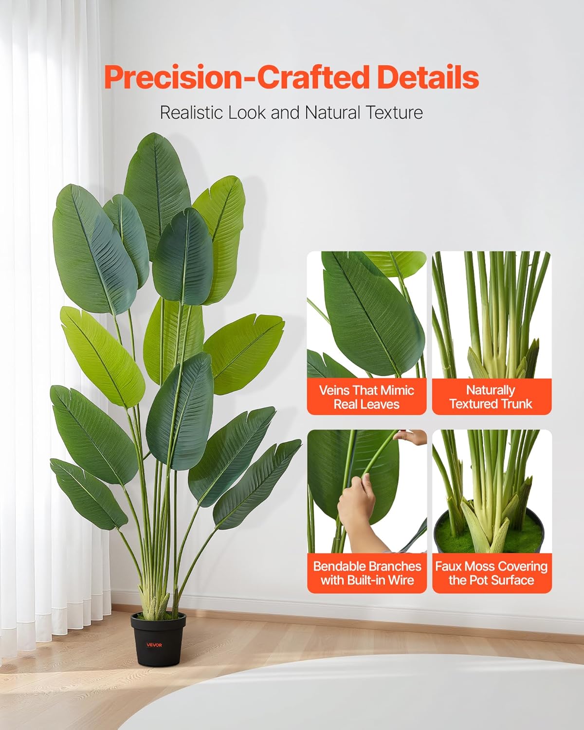 VEVOR Artificial Bird of Paradise 6 ft Tall, Fake Tropical Plants with with 13 Trunks & White Pot, Faux Floor Silk Tree, Large Trees for Home Office Living Room Decor House Warming, Indoor Outdoor