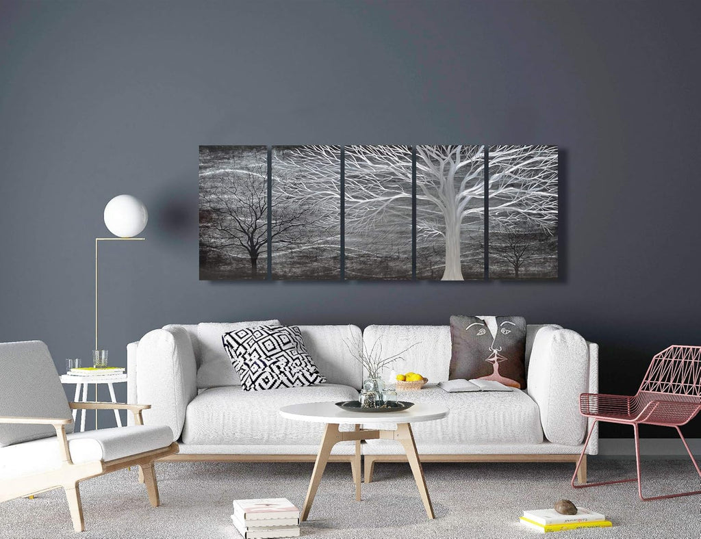 BATRENDY ARTS Black and Silver Tree Metal Art Hand-polished Wall Decor 3D Modern Home Accent for Bedroom Decoration 5 Panels Hanging Scuplture