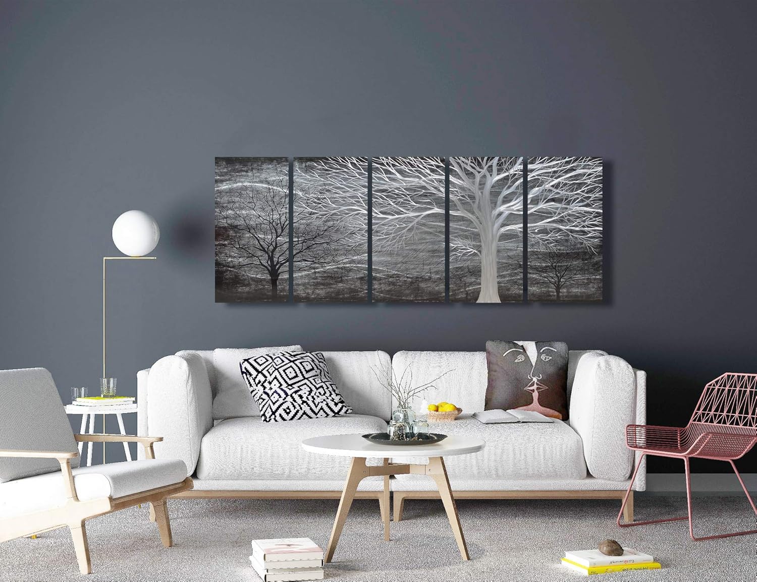 BATRENDY ARTS Black and Silver Tree Metal Art Hand-polished Wall Decor 3D Modern Home Accent for Bedroom Decoration 5 Panels Hanging Scuplture