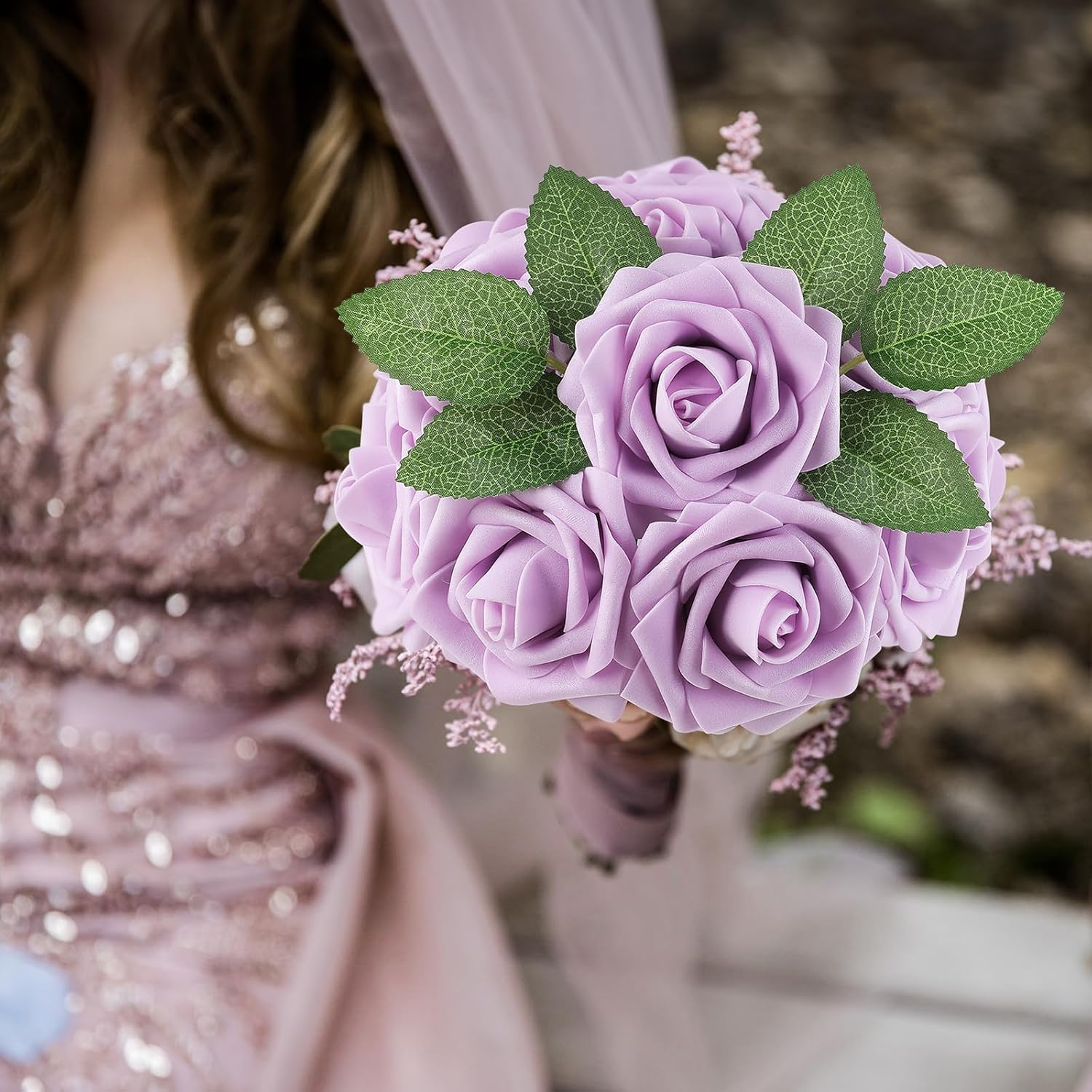 AmyHomie 25pcs Real Looking Artificial Lavender Roses w/Stem for DIY Wedding Bouquets Centerpieces Arrangements Party Baby Shower Valentines Day Christmas Tree Decorations