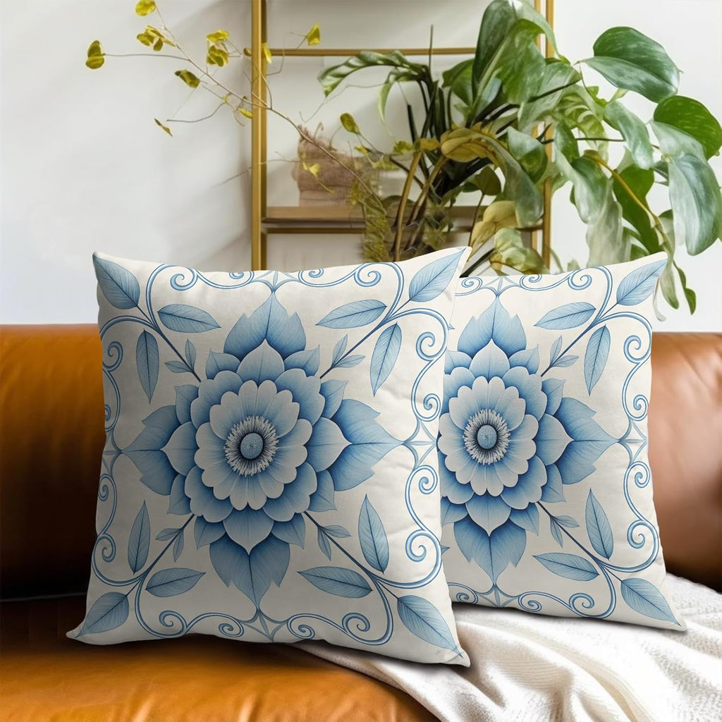 Boho Chic Blue White Floral Throw Pillow Covers Set of 2 Ultra-Soft All-Season Pillow Shams with Hidden Zipper,Durable for Sofa Bed Car Decor & Gift Luxury 18x18IN