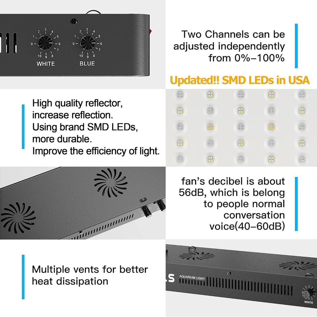 WILLS Full Spectrum Aquarium Light, Reef Lights for Coral with Dual Dimmable Channels, 55 Premium SMD Chips, Daisy Chain Design, Hanging Saltwater Fish Tank Light for SPS/LPS Coral Reef (165W/Black)