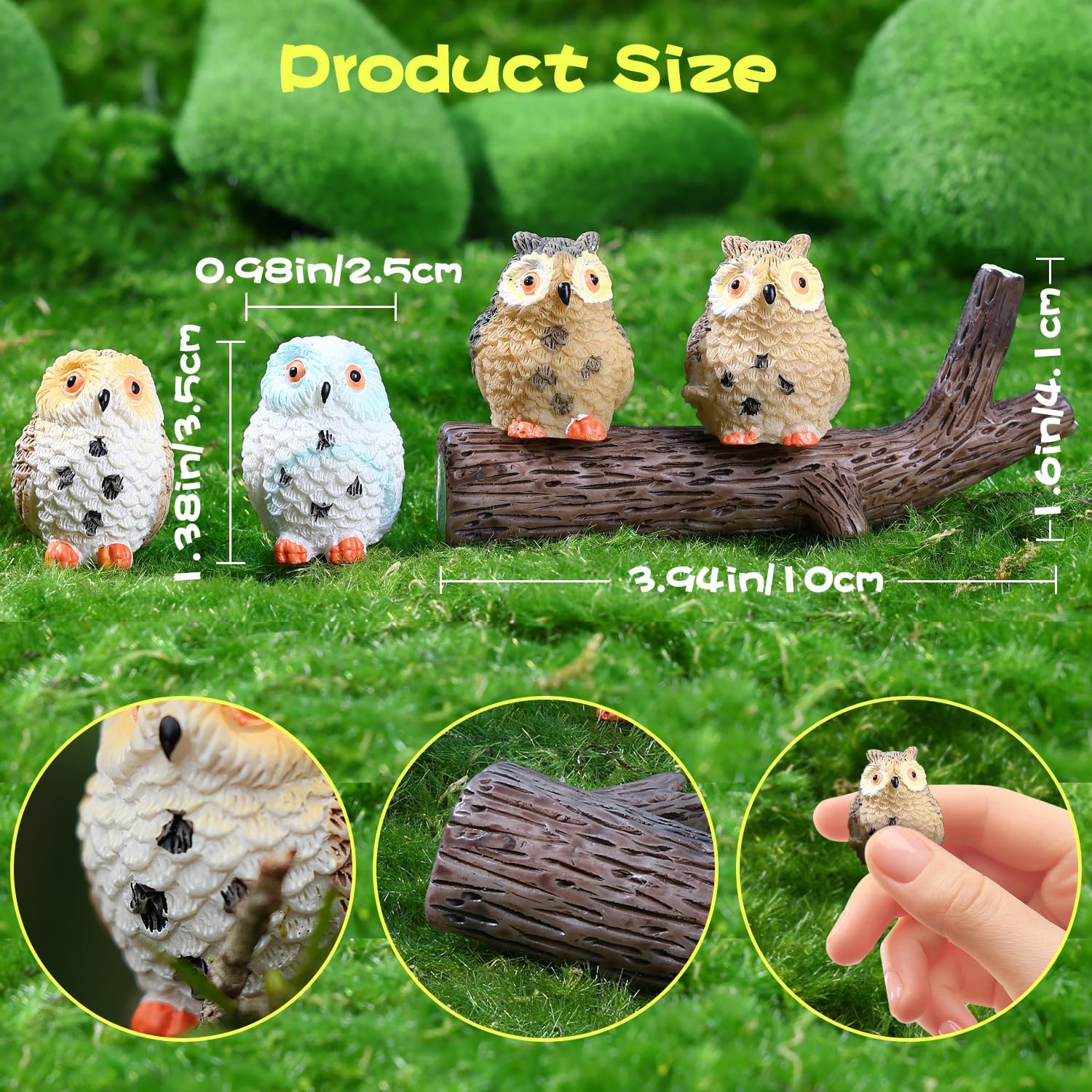 4pcs Mini Resin Owls and 1pcs Branch, Miniature Owl Figurines for Fairy Garden Accessories, Plant Pot, Bonsai Craft Decor, Cake Topper, DIY Home Micro Landscape Ornaments