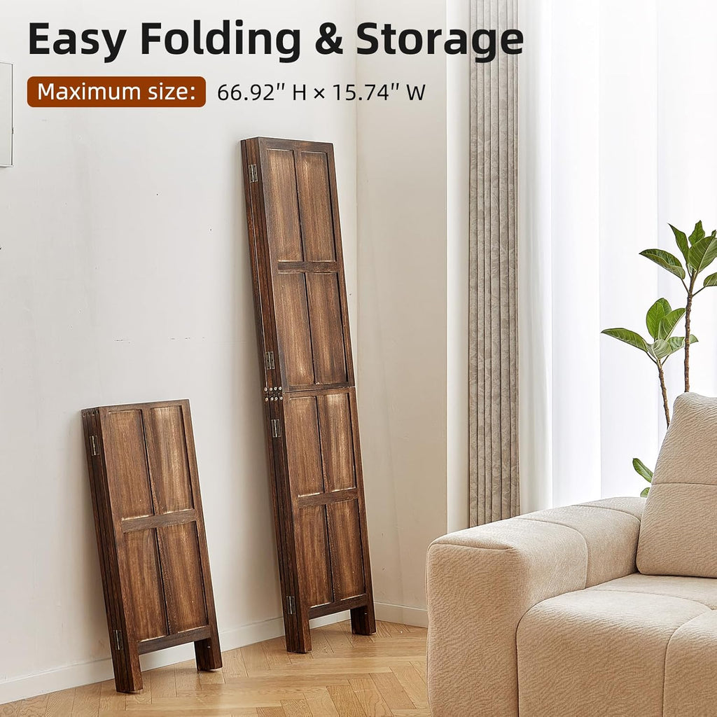 Wood 4 Panel Room Divider, 5.6Ft Detachable Folding Privacy Screen for Room Separation, 33.5" 2in1 Removable Short Wall Divider Screen for Home Office, Bedroom, Dog Gate for Isolate Dog-Brown
