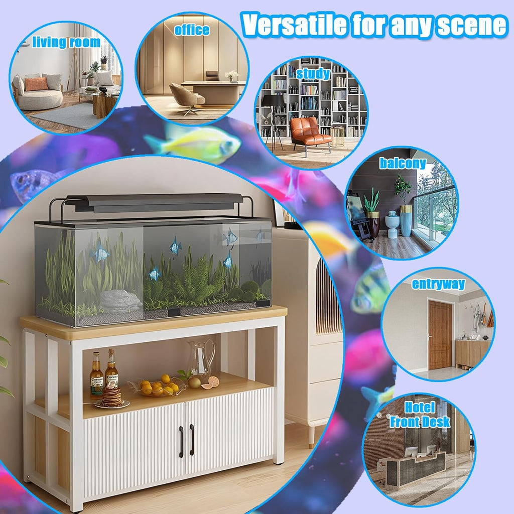 5-75Gallon Aquarium Stands,3 Tier Metal Frame Fish Tank Stand with Cabinet Storage,Reptile Tank Stand for Home Living Room Bedroom Office,2200LBS Capacity (White+Light Mahogany, L39.4″*W17.7″*H23.6″)