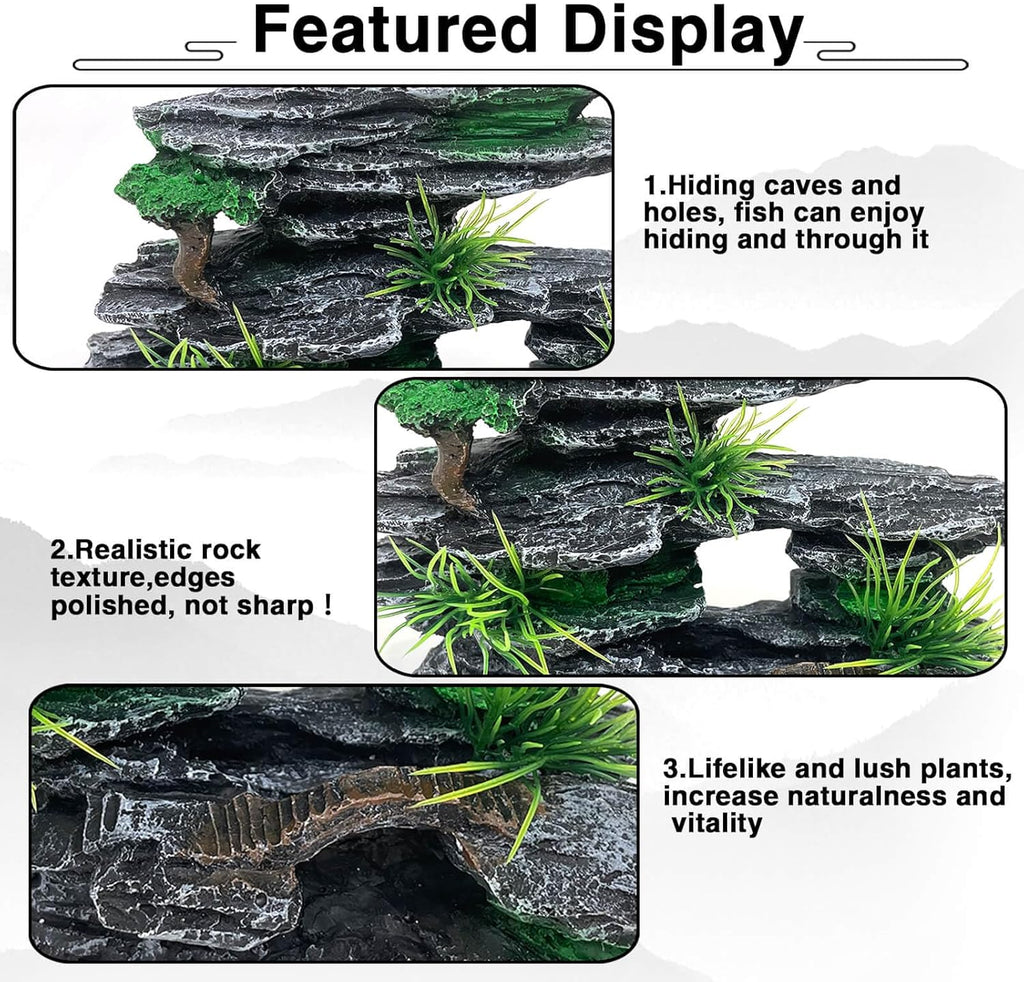Aquarium Mountain View Stone Ornament Tree Rock Cave Aquarium Decorations for Fish Tank Decorations for Small Fish Tank - 7.5 Inches Long