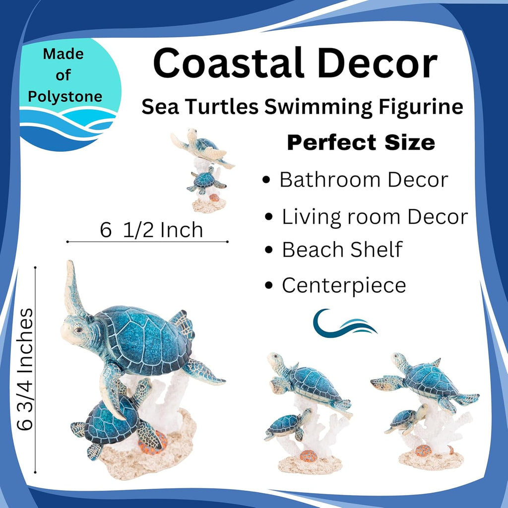 Sea Turtle Decor Figurine Blue Turtles Swimming on Coral Reef Base Beach House Coastal Decor