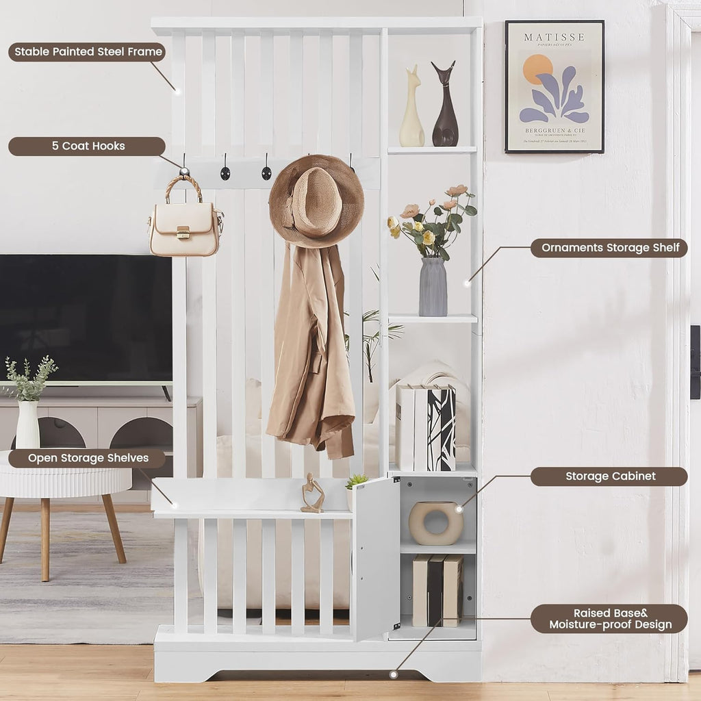 Room Divider with Shelves, Wall Room Divider Bookshelf, Freestanding Wood Privacy Screen with Storage Cabinet, Coat Rack, Display Shelf for Living Room Separation, Home Office Decorative