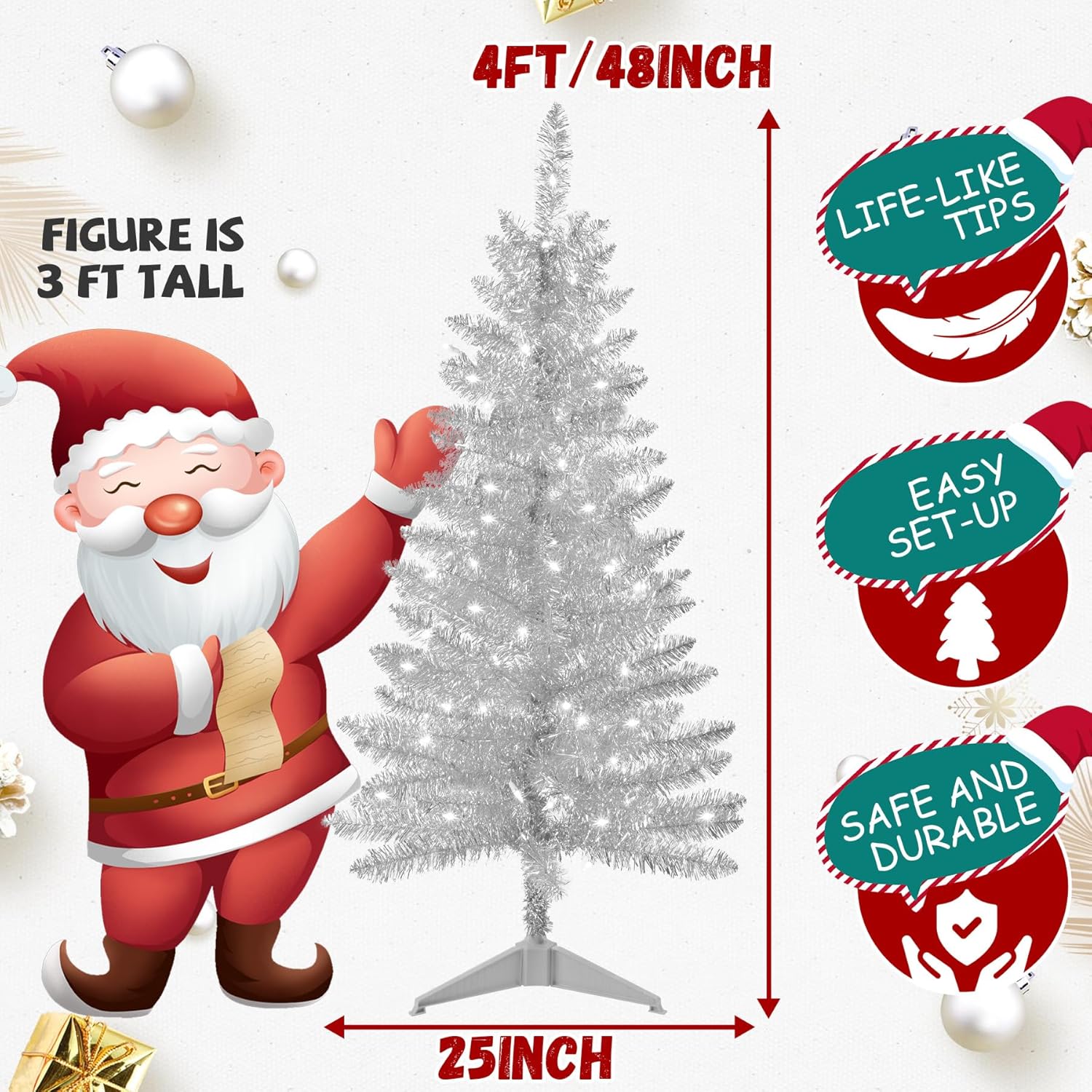 4ft Artificial Full Silver Christmas Tree with Separate Lights, Not Pre-lit Mini Silver Tinsel Pine Christmas Tree, 50 Lights, Small Xmas Tree for Home, Office, Party Decoration, Indoor