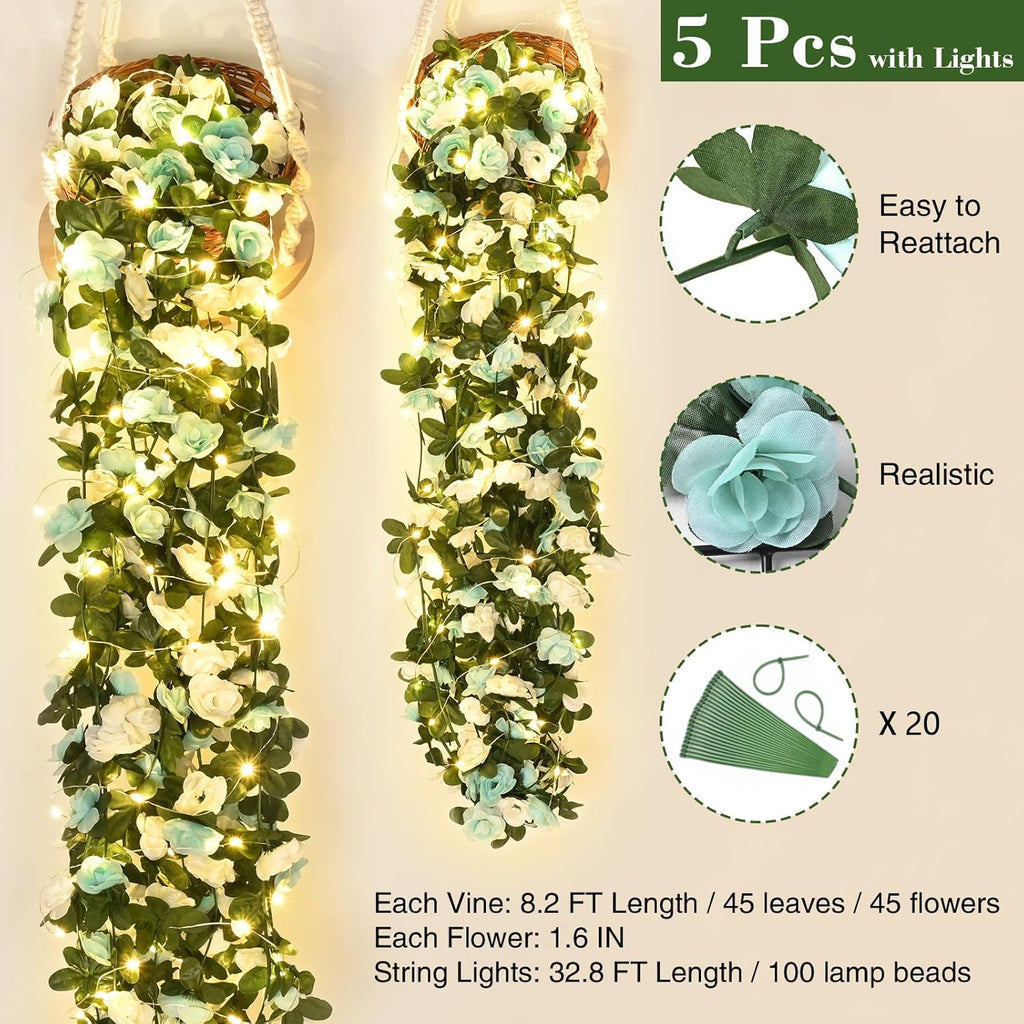 BLEUM CADE 5Pcs 41Ft Flower Garland Artificial Rose Vines with 32.8Ft String Lights, Cute Fake Hanging Flower Vines Floral Garland Decorations for Wedding Party Wall Room Decor Aesthetic