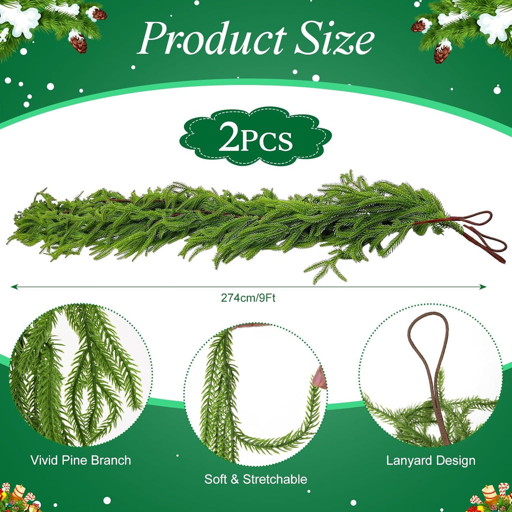 2 Pack 9 Ft Artificial Norfolk Pine Garlands - Christmas Decor Realistic Pine Garland, Green Faux Greenery Garland for Table, Mantle, Fireplace, Wall, Indoor Outdoor Winter Christmas Decorations