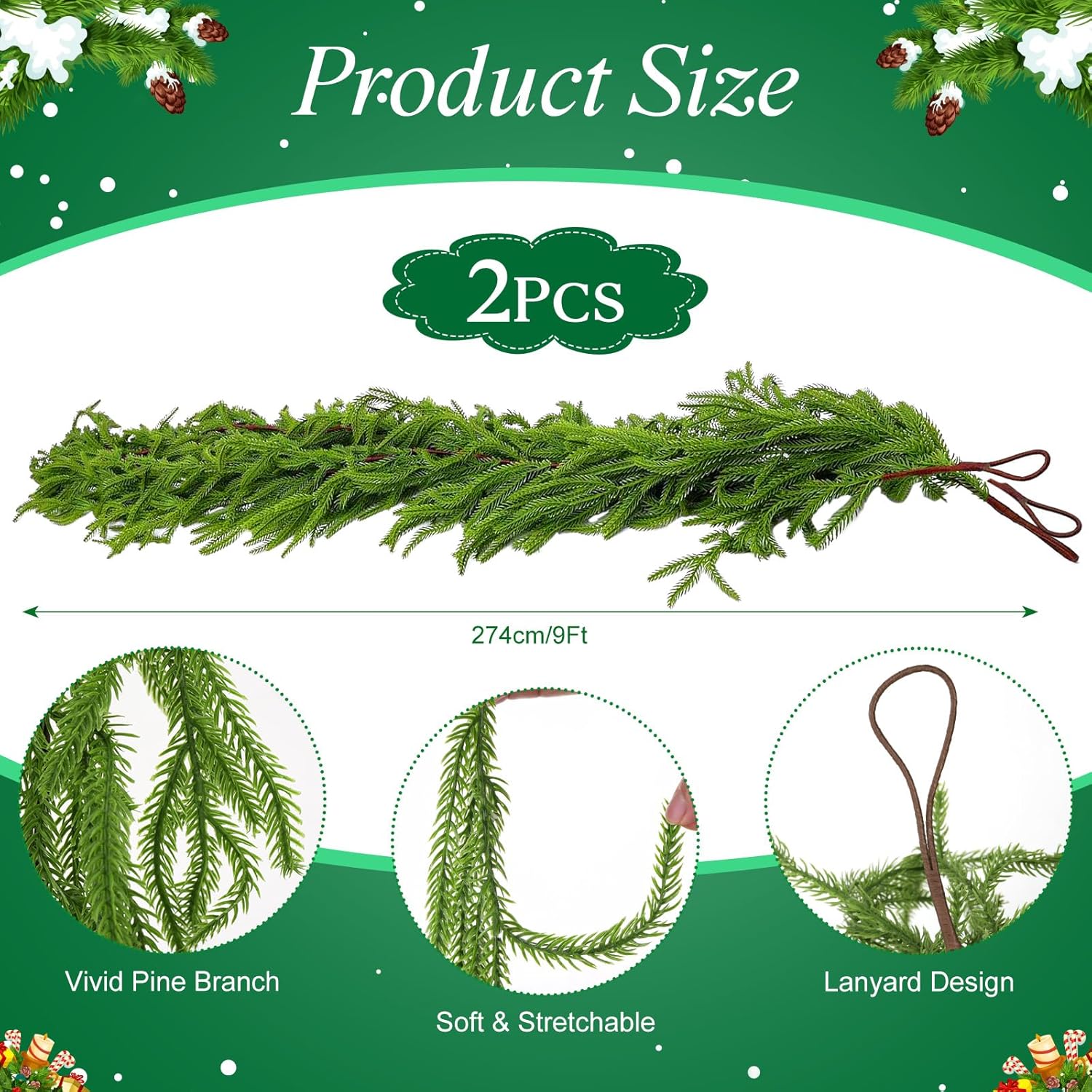 2 Pack 9 Ft Artificial Norfolk Pine Garlands - Christmas Decor Realistic Pine Garland, Green Faux Greenery Garland for Table, Mantle, Fireplace, Wall, Indoor Outdoor Winter Christmas Decorations