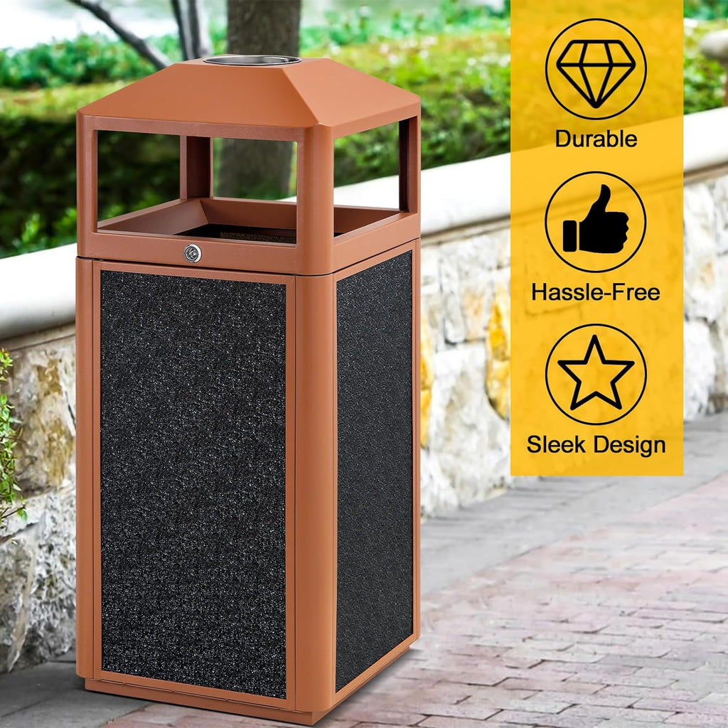 Commercial Square Receptacle Garbage Can with Dome Lid, W/Stylish Panels,Brown, 15 Gallon
