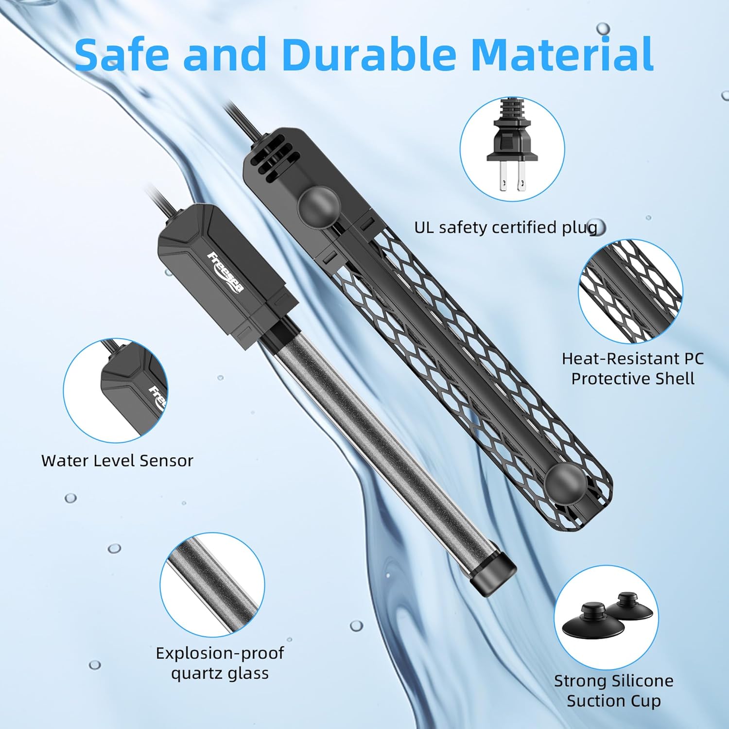 FREESEA Aquarium Heater for Fish Tank: 100W/200W/300W/500W Submersible Fish Tank Heater with Over-Temperature and Off-Water Protection for 20-40 Gallon Saltwater and Freshwater