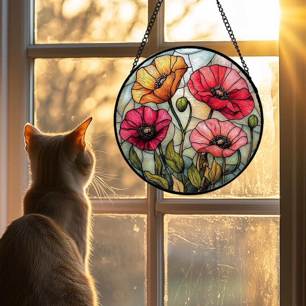 Stained Glass Suncatcher, Red Orange Poppy Flowers Sun Catcher Silver Background Wildflowers Window Hanging Decor Christmas Mother Birthday Gifts for Women Men Mom Nana 6.3 in