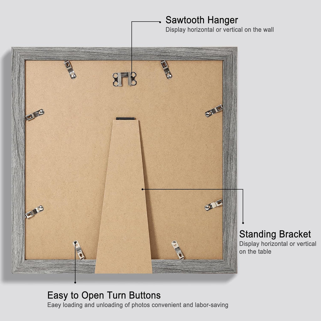 12x12 Picture Frame Set of 4 - Made of Glass and Grey Wooden Frame, Display Square Pictures 10x10 with Mat or 12 x 12 without Mat, Desktop & Wall Collage Photo Frame
