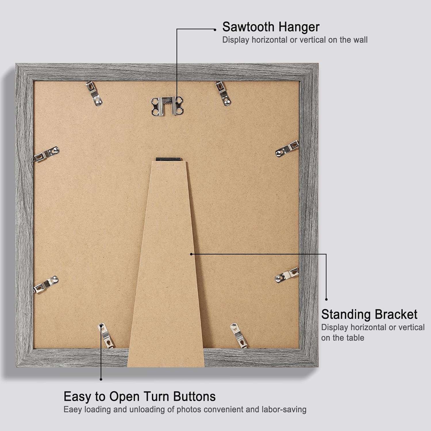 12x12 Picture Frame Set of 4 - Made of Glass and Grey Wooden Frame, Display Square Pictures 10x10 with Mat or 12 x 12 without Mat, Desktop & Wall Collage Photo Frame