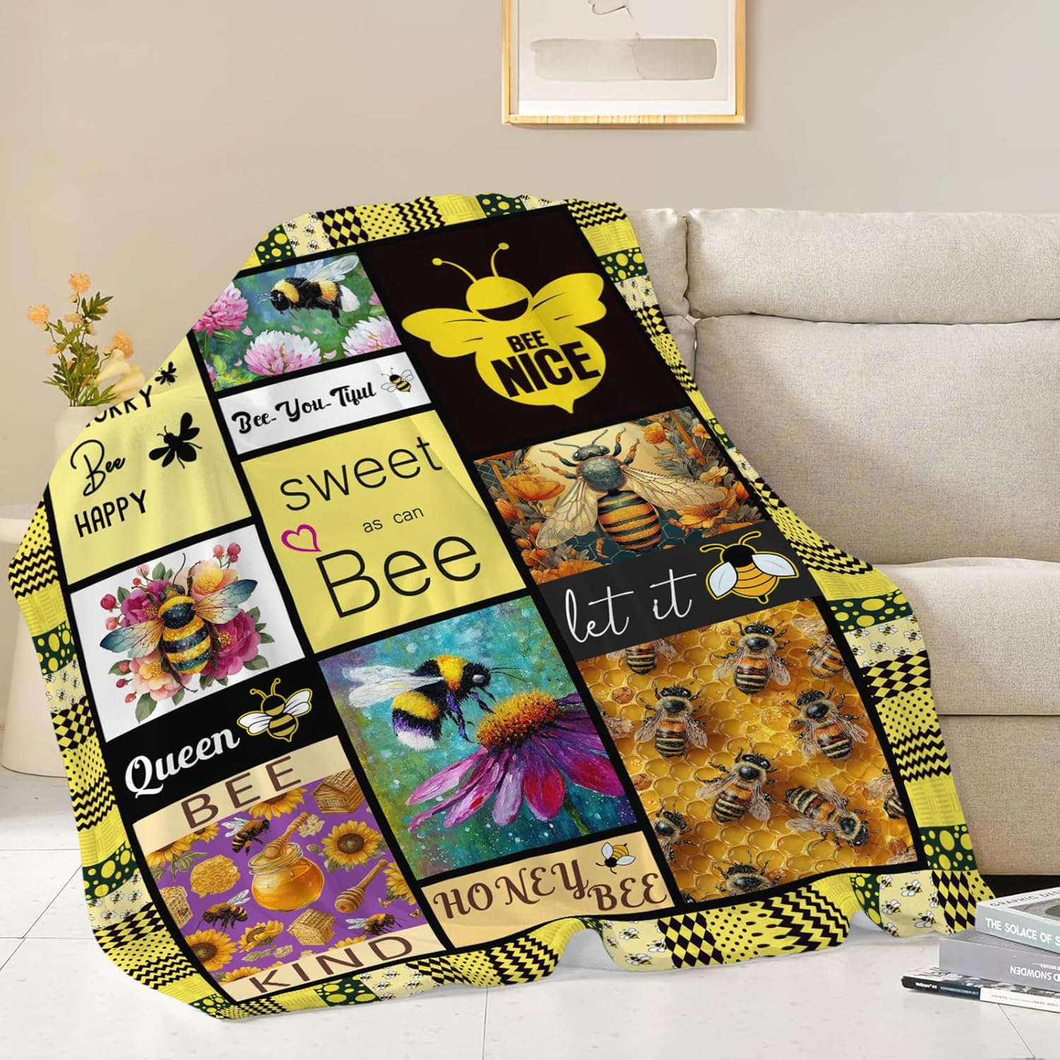 Bee Throw Blanket Bee Stuff Gifts for Kids Girls Boys Adults Women Men Soft Cozy Warm Plush Fluffy Fuzzy Fleece Blanket Decor 60''X80''