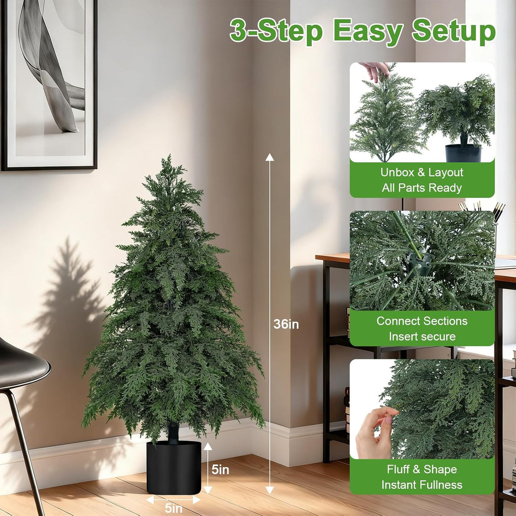 2Pack Artificial Topiary Trees, 3FT Faux Cypress, Faux Evergreen Pine Shrubs Plants with Pot, Potted Plants for Front Porch Indoor Outdoor Garden Christmas Decor