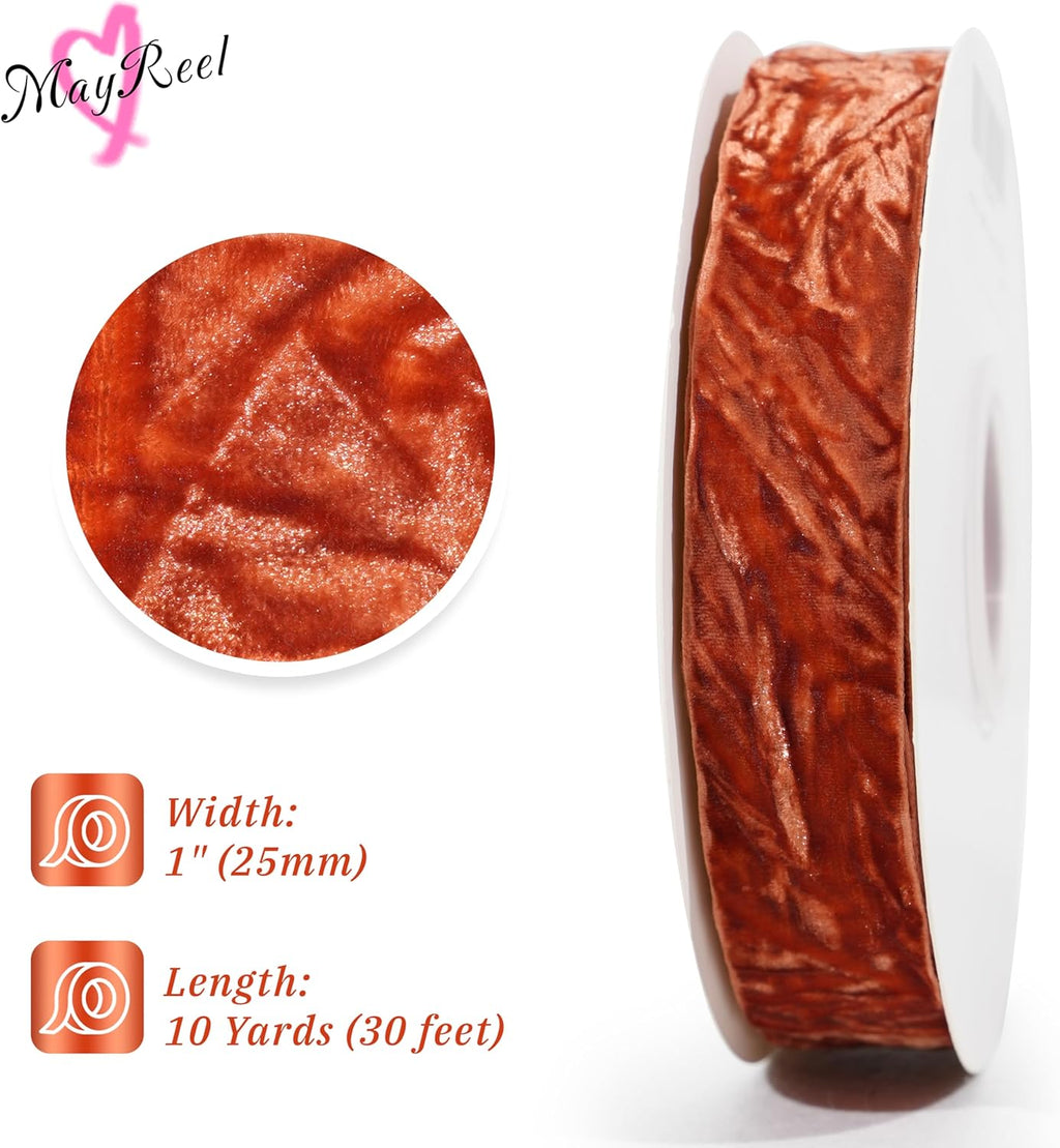 MAYREEL 1 Inch Terracotta Crushed Velvet Ribbon Cinnamon Vintage Fall Ribbon for Thanksgiving Christmas Halloween Flower Bouquet Gift Wrapping Wedding Invitations Crafts Party Favor Boxes 10 Yards