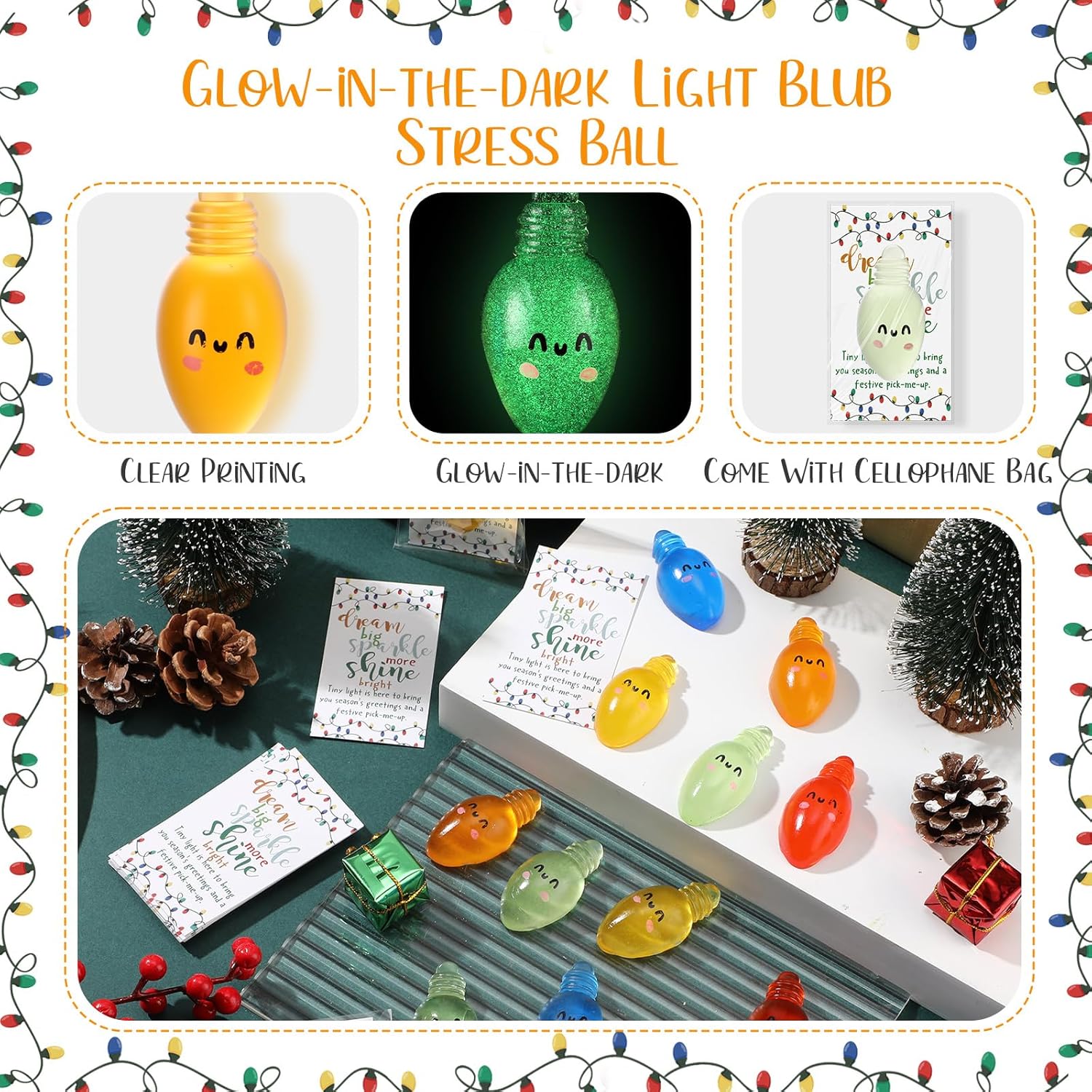 Wettarn 30 Sets Emotional Luminous Christmas Bulbs Stress Ball Gifts Bulk Office Christmas Appreciation Gifts Cute Squeeze Mini Stress Relief Ball Inspirational Cards for Coworker Employee Nurse Staff