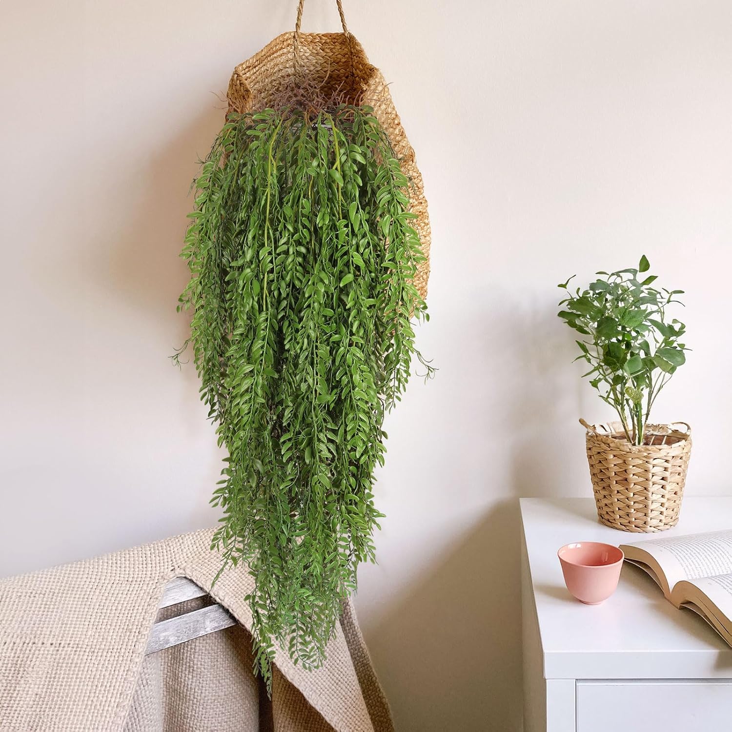 RECUTMS 2 Pcs Hanging Fake Plants Faux Ferns Ivy Willow Vine Leaves Wall Greenery Artificial Vine UV Resistant Plastic Home Garden Wedding Party Indoor Outdoor Decorations(Green)