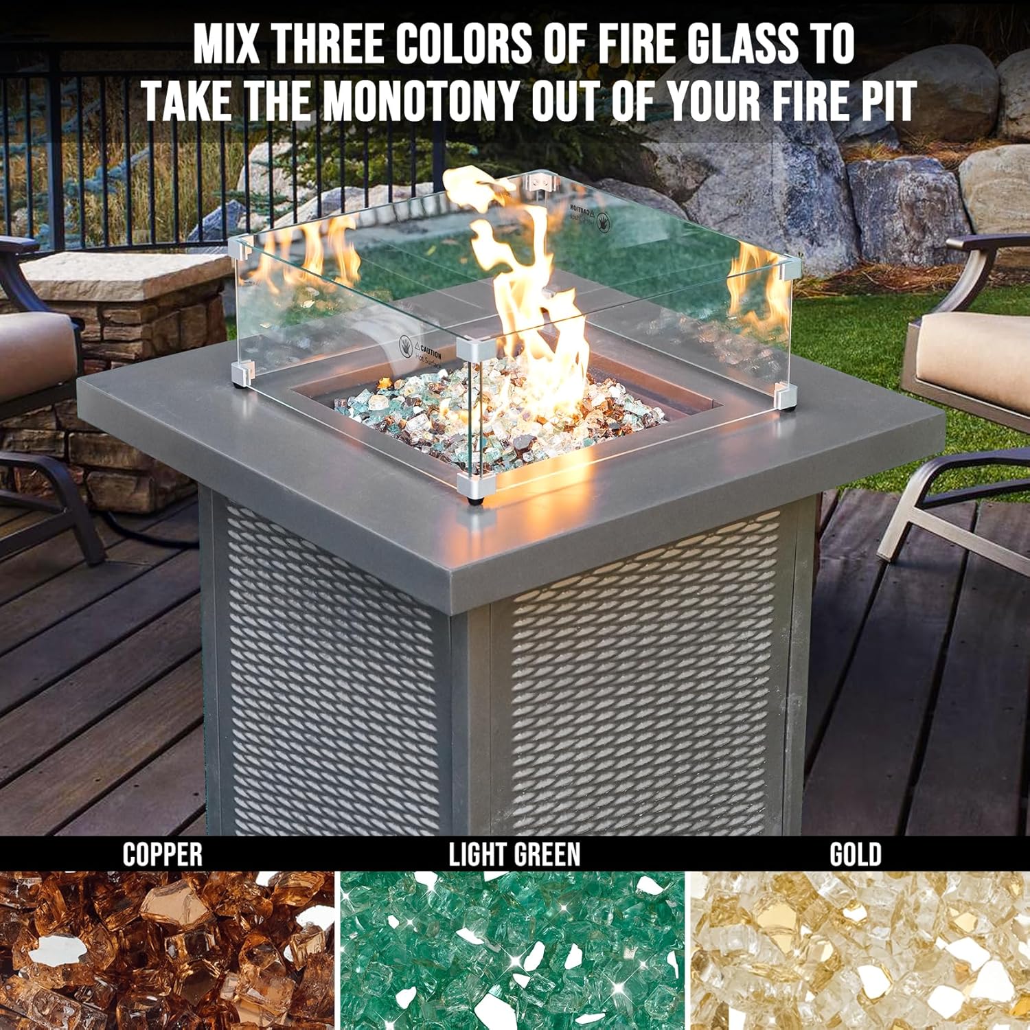 Skyflame 10-Pound Blended Fire Glass for Decorating Fire Pit Fireplace Landscaping - 1/2 Inch Reflective Tempered Fireglass Gold, Light Green, Copper