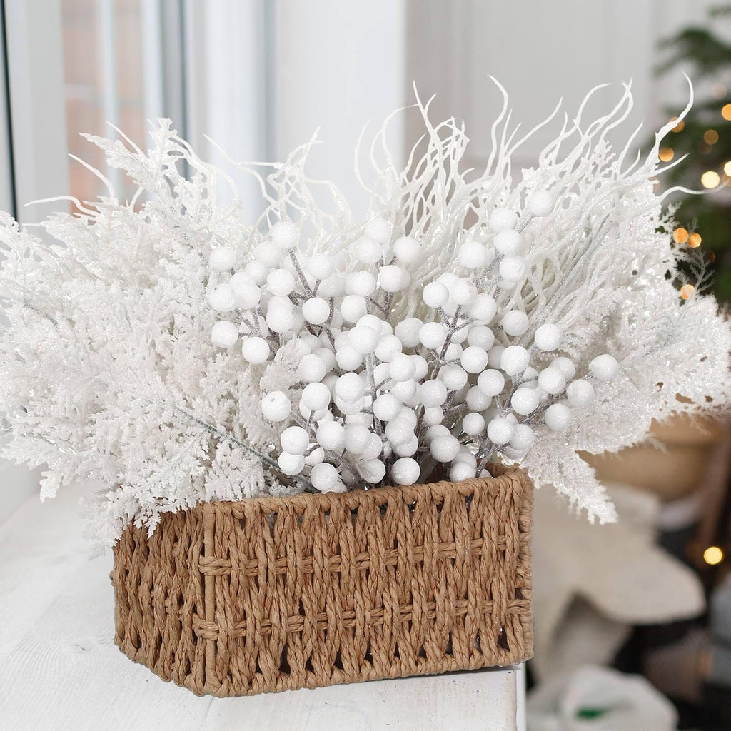 75 Pcs Christmas Glitter Branches 3 Styles Artificial Christmas Picks Berries Stems Pine Needles Floral Twig Spray for Xmas Tree Ornaments DIY Wreath Garland(White)