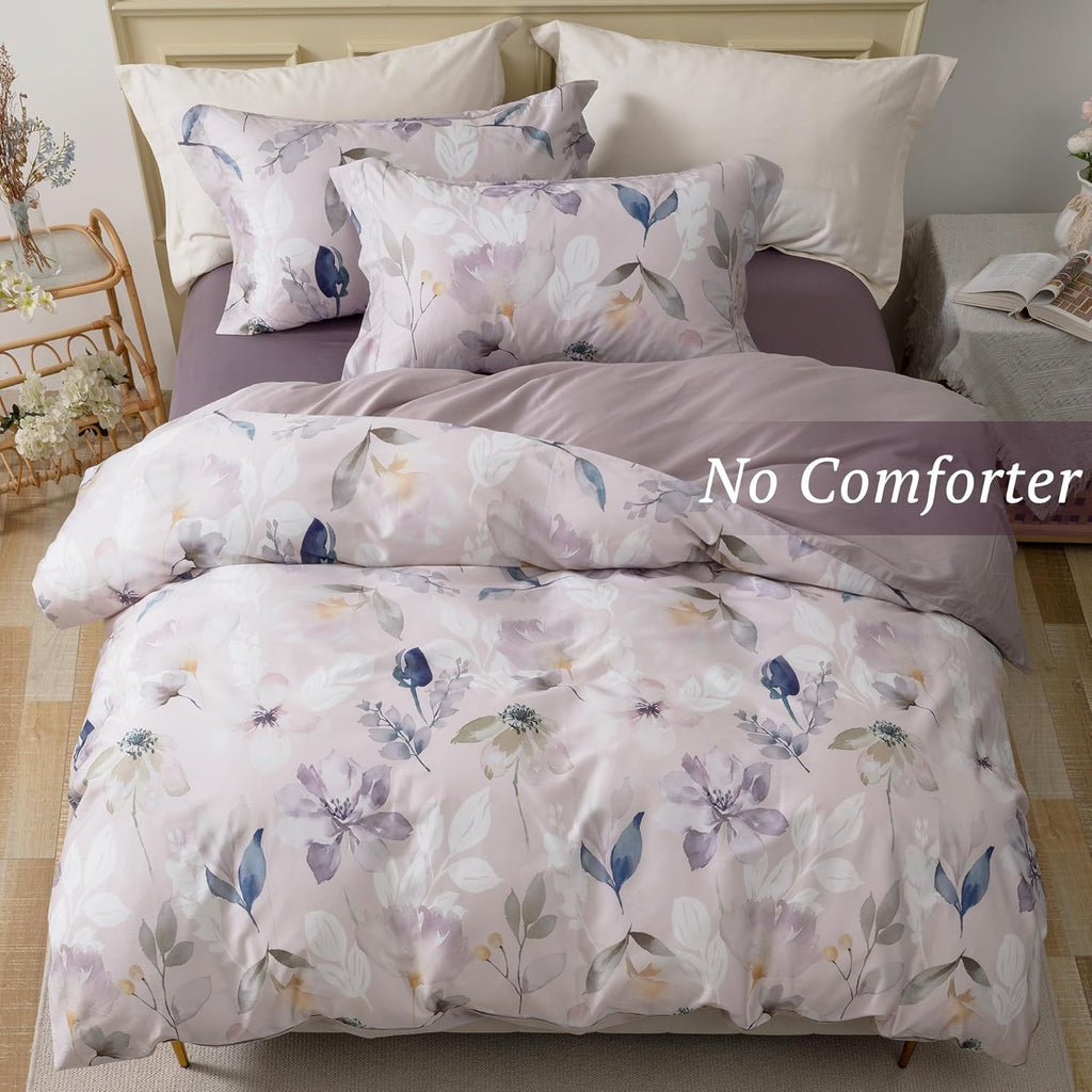 MILDLY 100% Long-Staple Cotton Duvet Cover Set Light Gray Pink Floral Leaf Pattern Printed Comforter Cover 3pcs, Ultra Soft & Breathable Bedding Set