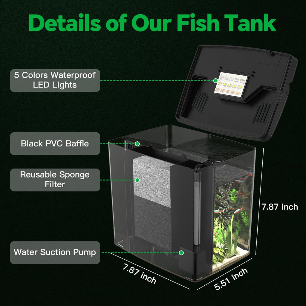 Desktop Fish Tank, 1.2 Gallon Self-Cleaning Smart Aquarium with Filter & 5-Color LED Light, Auto-Cycling Quiet Pump for Betta, Shrimp, Guppy, Goldfish