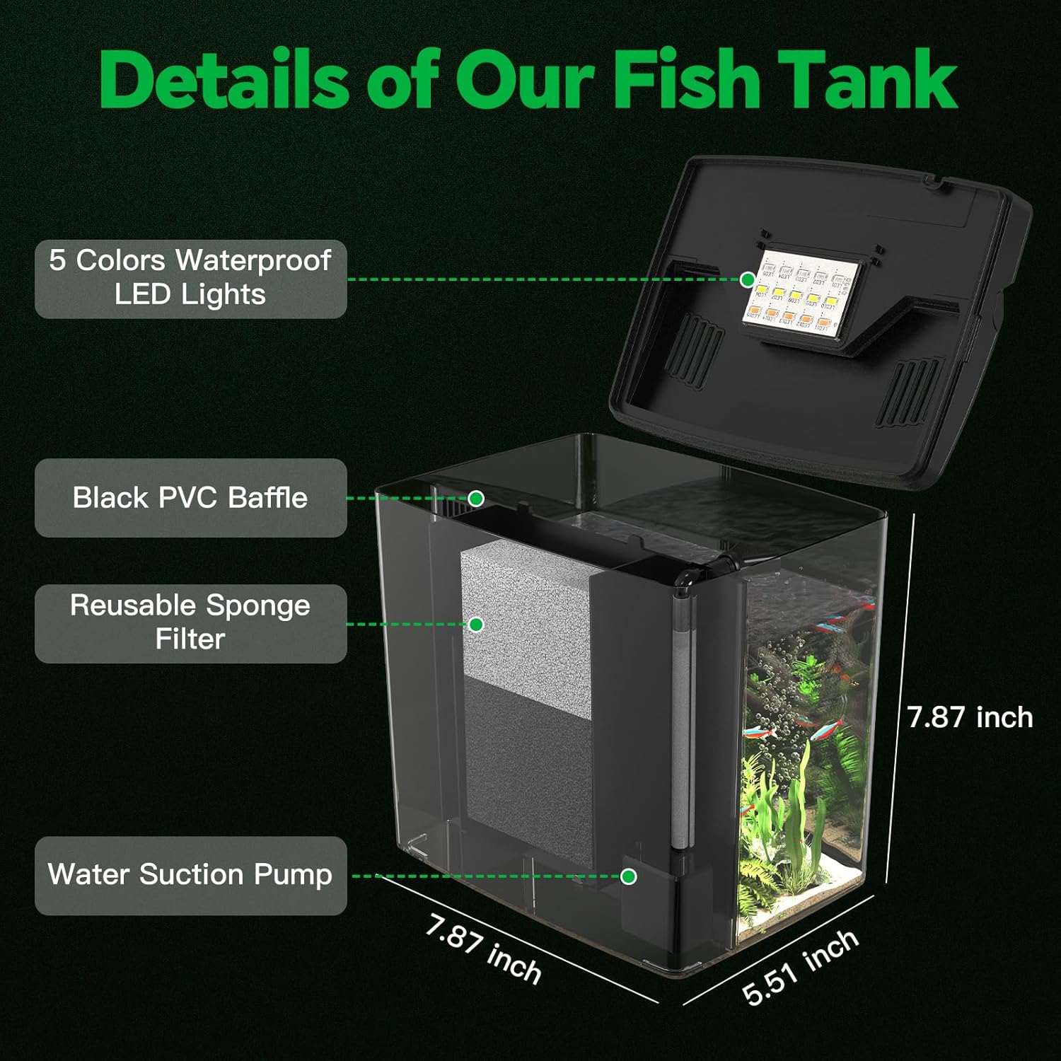 Desktop Fish Tank, 1.2 Gallon Self-Cleaning Smart Aquarium with Filter & 5-Color LED Light, Auto-Cycling Quiet Pump for Betta, Shrimp, Guppy, Goldfish
