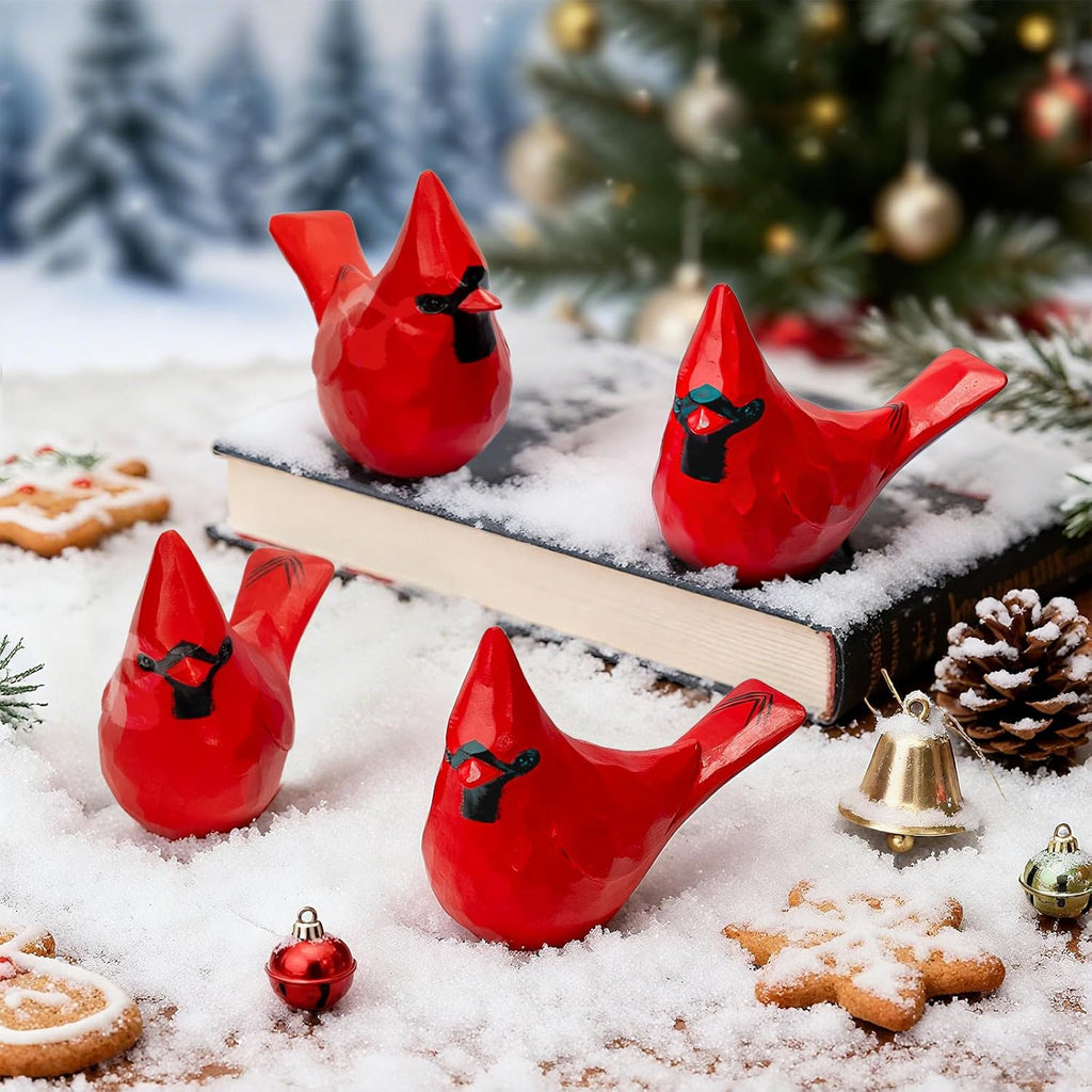 OneBird Christmas Decorations Cardinal Figurines, 4pcs Solid Resin Red Bird Crafts for Home Christmas Decoration