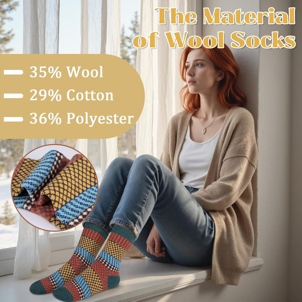Justay 5 Pairs Wool Socks for Women - Winter Thick Boot Cozy Crew Vintage Soft Calf Knit Warm Socks Gifts
