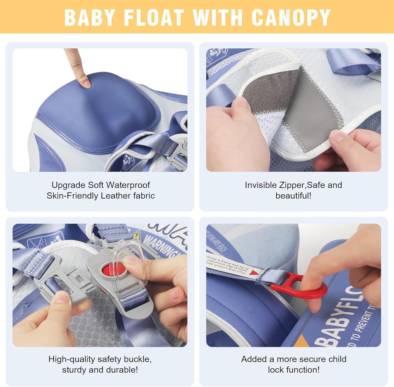 Mambobaby Baby Pool Float with Removable Sun Canopy - Non Inflatable Infant Swim Float with Anti-Flip Tail Design, Waterproof & Skin-Friendly Baby Float for Swimming (3-24 Months)