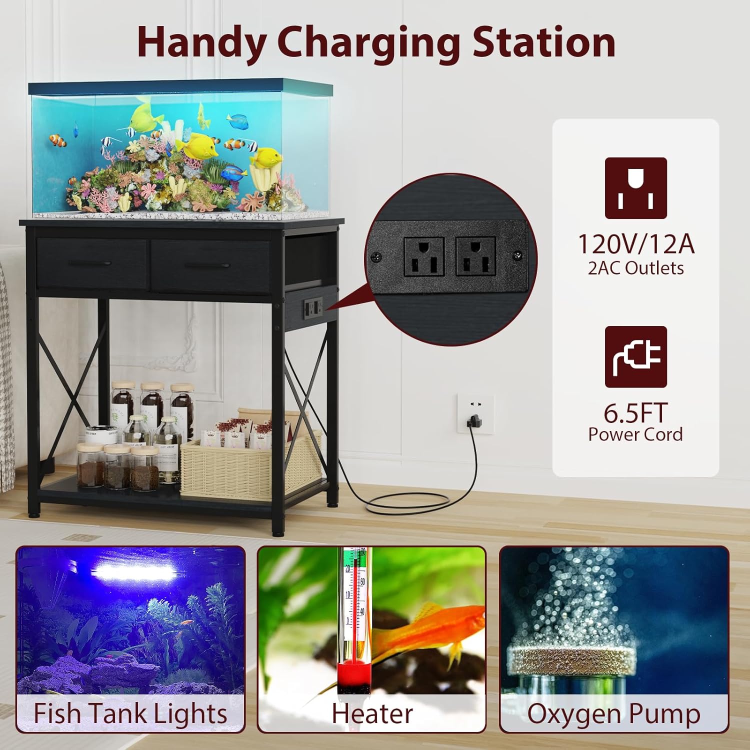 TFK 20-29-37 Gallon Fish Tank Stand with Power Outlet, Heavy Duty Metal Aquarium Stand with Two Storage Drawers for Fish Tank Accessories Storage, Perfect for Turtle Tank, Reptile Terrarium, Black