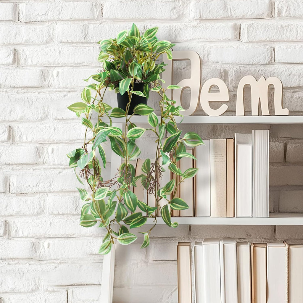 2 Pcs Artificial Hanging Plants Realistic Watermelon Texture Faux Peperomia Leaves Fake Potting Vine Green Plants for Indoor Outdoor Home Garden Decor