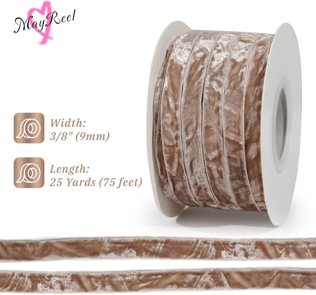 MAYREEL 3/8 Inch Taupe Crushed Velvet Ribbon Thin Beige Vintage Ribbon for Flower Bouquet Gift Wrapping Wedding Invitations Crafts Christmas Decorations Party 25 Yards