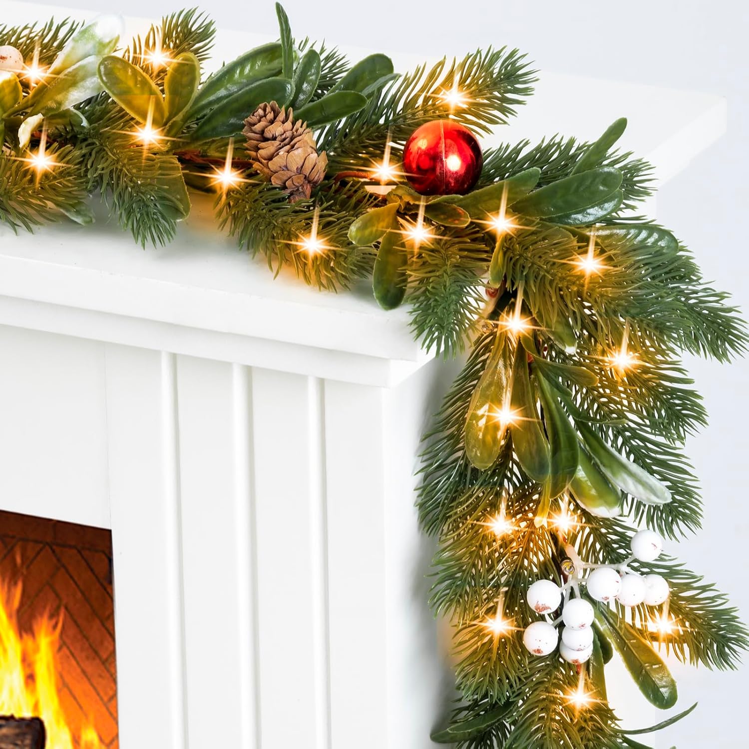 6.5FT Christmas Garland with Lights,Prelit Christmas Decorations,Lighted Garland with Battery Operated,Realistic Olive & Pine Needles Greenery Home Decor for Mantle Fireplace Table Indoor Outdoor