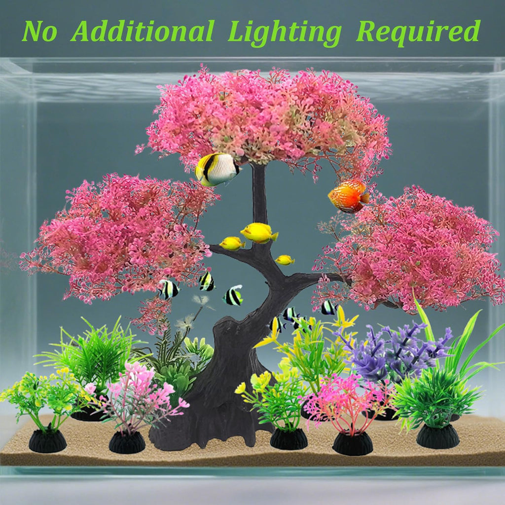 SLOCME Pink Cherry Blossom Tree Aquarium Decor Set – 10 Pcs Artificial Plastic Plants for Fish Tanks, Betta & Goldfish Hiding Accessories, Realistic & Safe Aquarium Decorations (Pink)