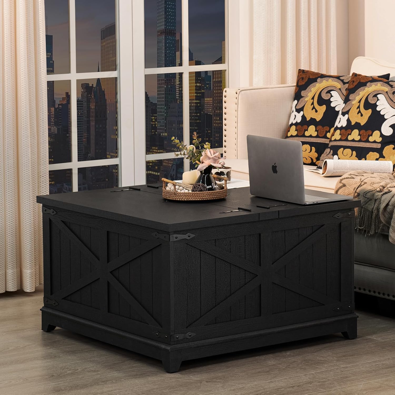 Farmhouse Coffee Table with Hidden Storage Organizer, Black Square Large Center Table, Wood Farm House Low Modern Living Room Tables with Hinged Lift Top for Home, Office