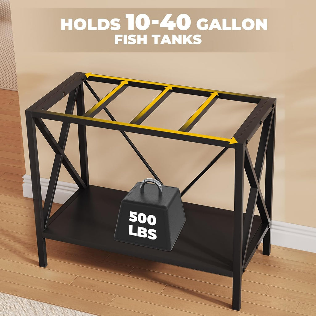 DWVO 10-40 Gallon Fish Tank Stand, Aquarium Stand with 2-Tier Storage Shelf, Heavy Duty Reptile Breeder Turtle Tank Terrarium Rack Table for Home Office, Black, X-Shape